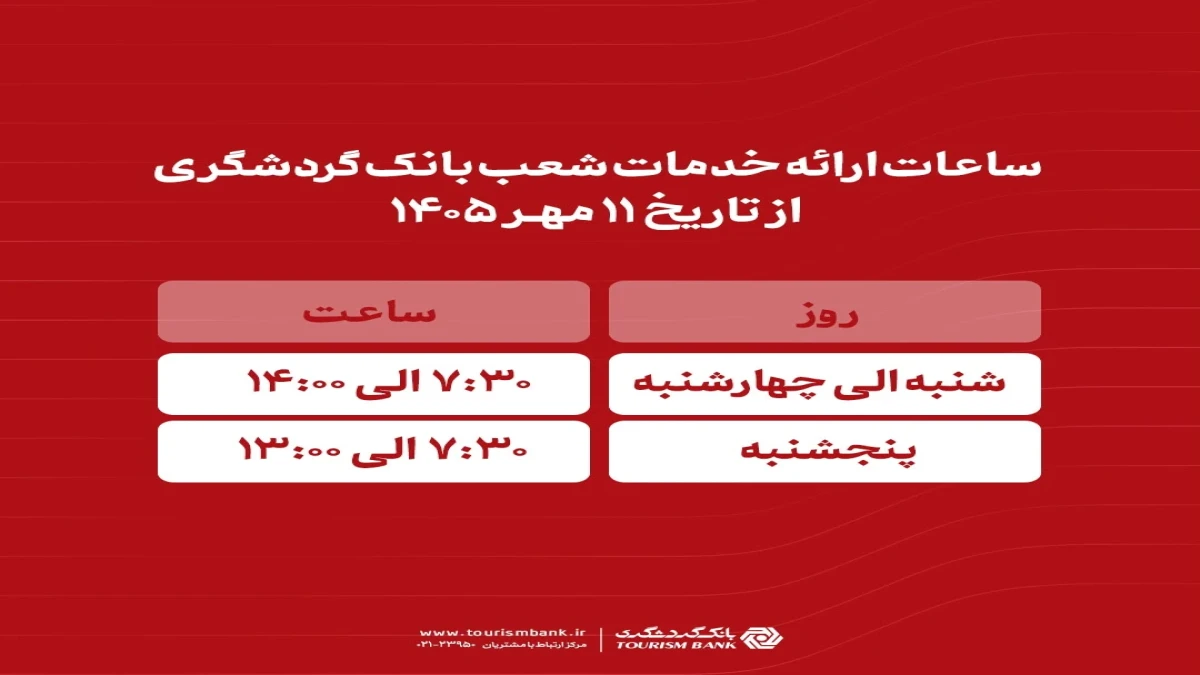 ساعات ارائه خدمات شعب بانک گردشگری از 11 مهر 1405 اعلام شد